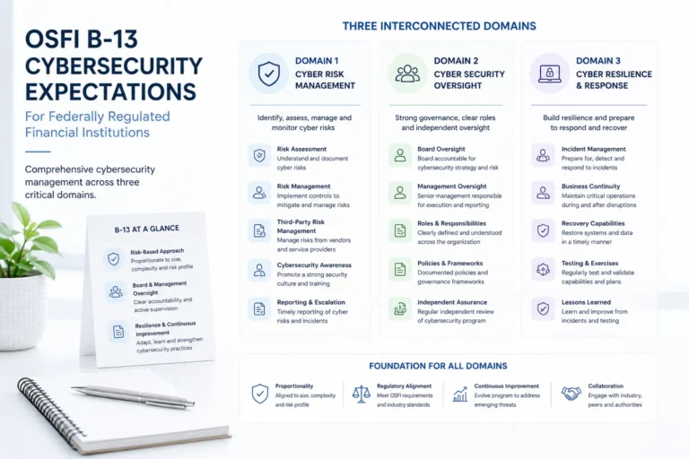 OSFI B-13 cybersecurity expectations for federally regulated financial institutions across three domains