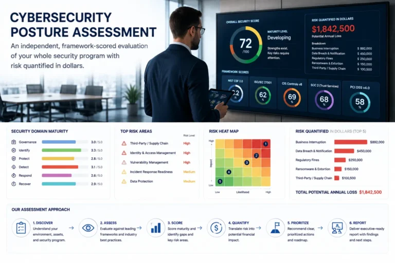 Cybersecurity posture assessment: an independent, framework-scored evaluation of your whole security program with risk quantified in dollars.