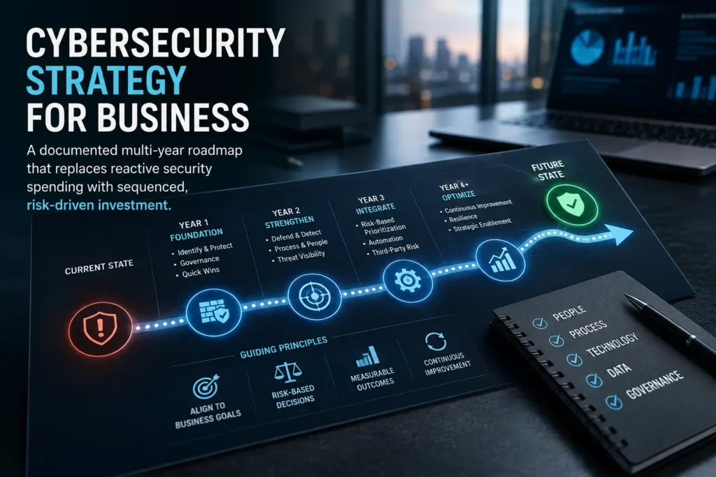 Cybersecurity strategy for business: a documented multi-year roadmap that replaces reactive security spending with sequenced, risk-driven investment.