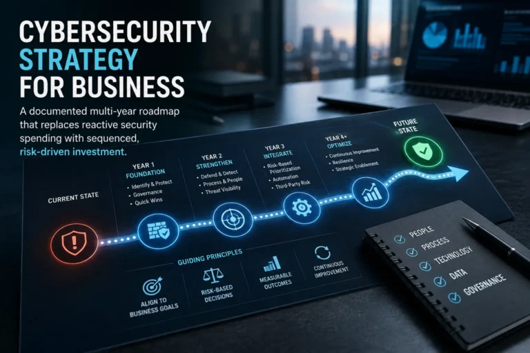 Cybersecurity strategy for business: a documented multi-year roadmap that replaces reactive security spending with sequenced, risk-driven investment.
