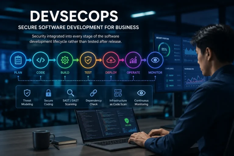 DevSecOps secure software development for business: security integrated into every stage of the software development lifecycle rather than tested after release.