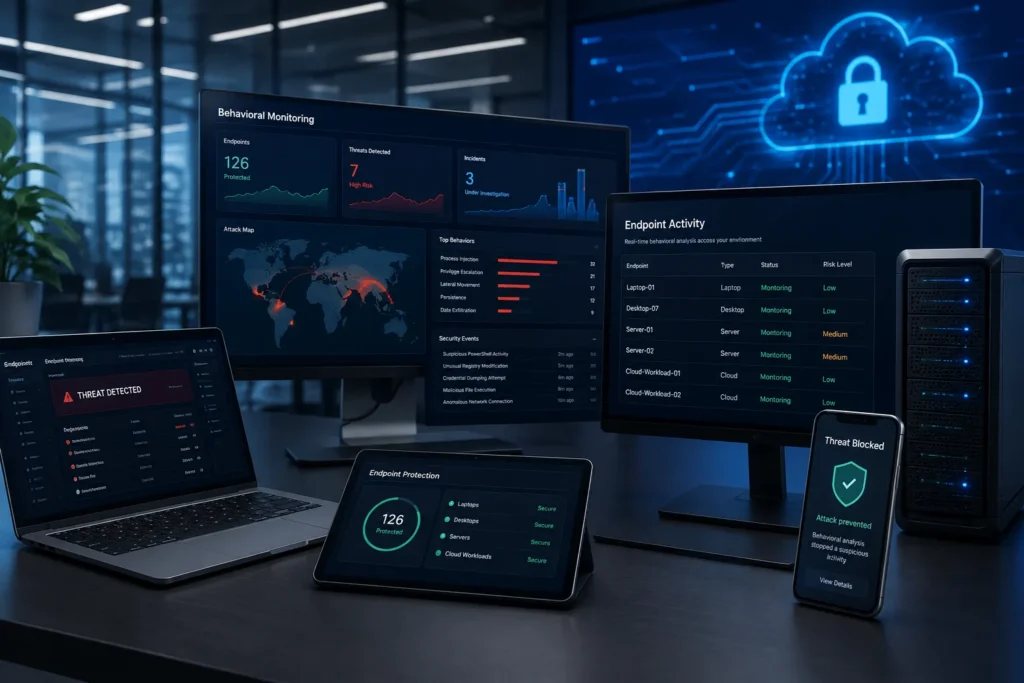 Endpoint detection and response for business: behavioral monitoring across laptops, desktops, servers, and cloud workloads that catches attacks antivirus misses.