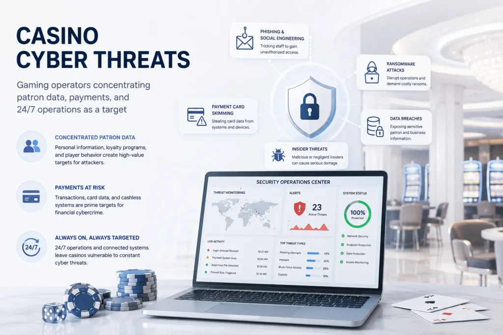 Casino cyber threats: gaming operators concentrating patron data, payments, and 24/7 operations as a target