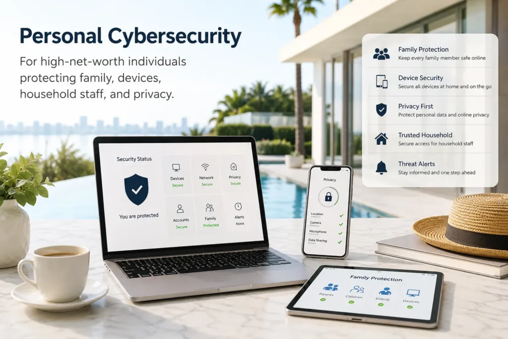 Personal cybersecurity for high-net-worth individuals protecting family, devices, household staff, and privacy