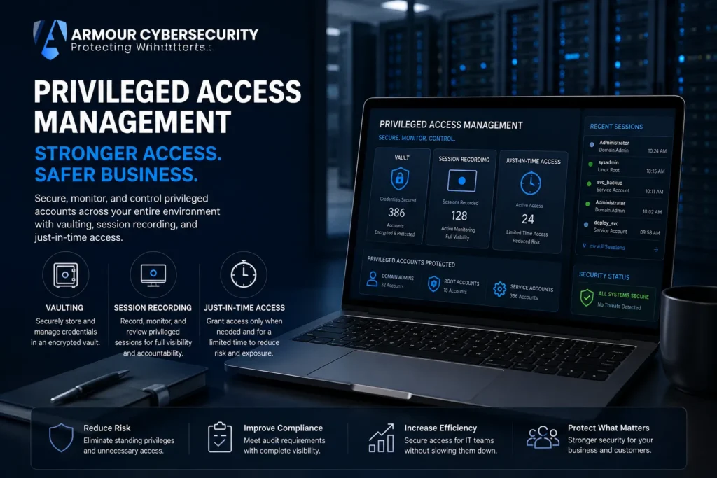 Privileged access management business security: vaulting, session recording, and just-in-time access for domain admin, root, and service accounts