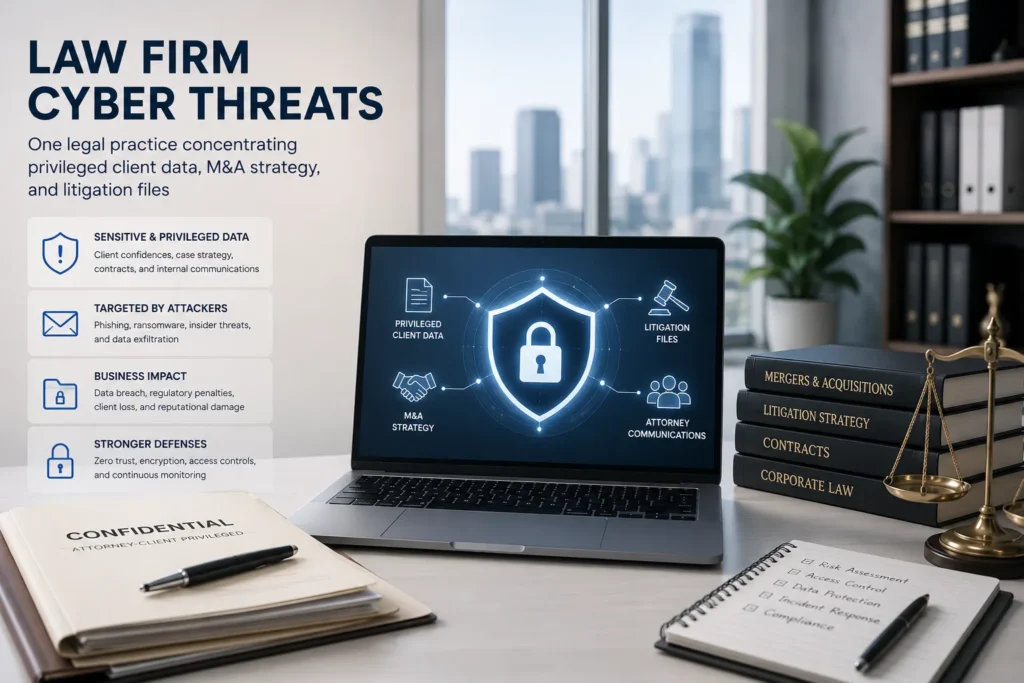 "Law firm cyber threats: one legal practice concentrating privileged client data, M&A strategy, and litigation files"