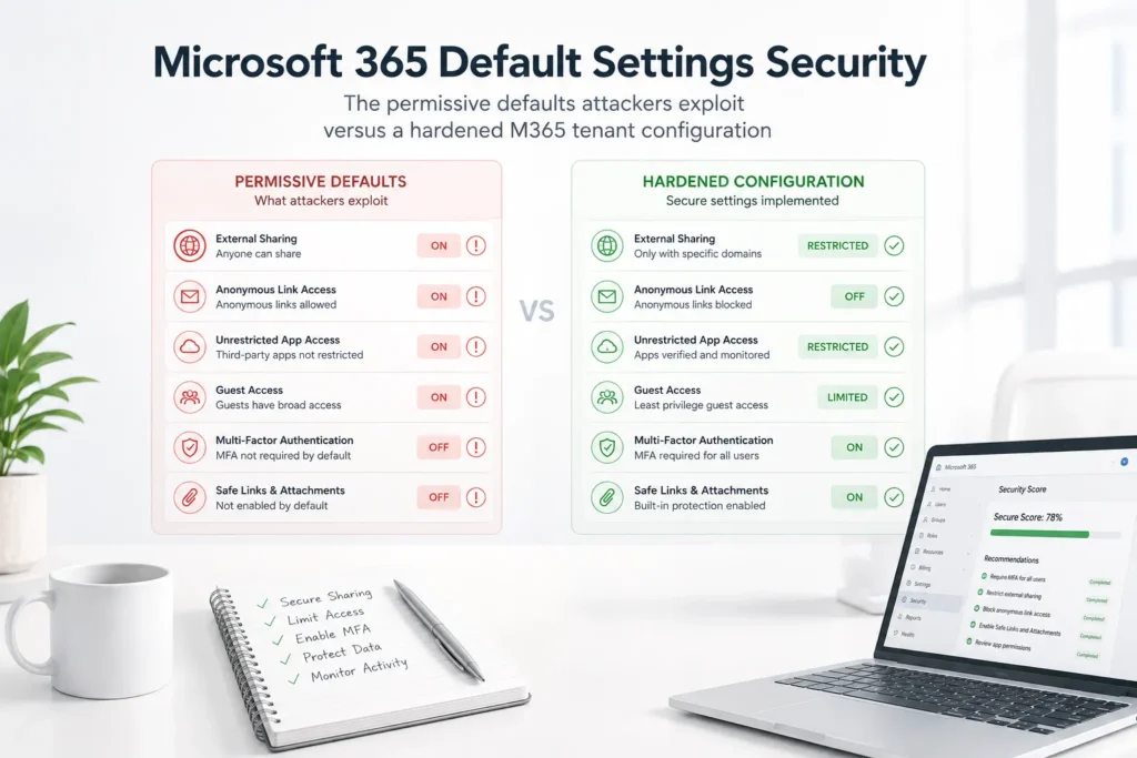 Microsoft 365 default settings security: the permissive defaults attackers exploit versus a hardened M365 tenant configuration