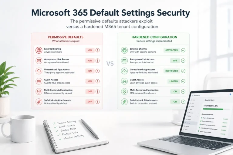 Microsoft 365 default settings security: the permissive defaults attackers exploit versus a hardened M365 tenant configuration