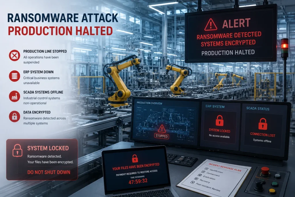 Manufacturing ransomware halting a production line, ERP, and SCADA systems on the factory floor