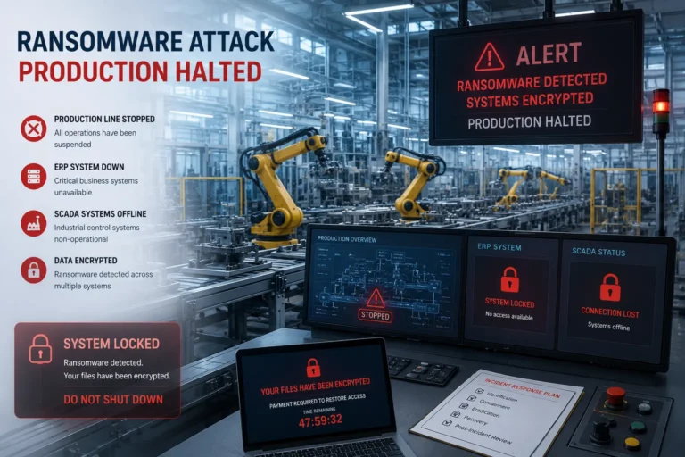 Manufacturing ransomware halting a production line, ERP, and SCADA systems on the factory floor