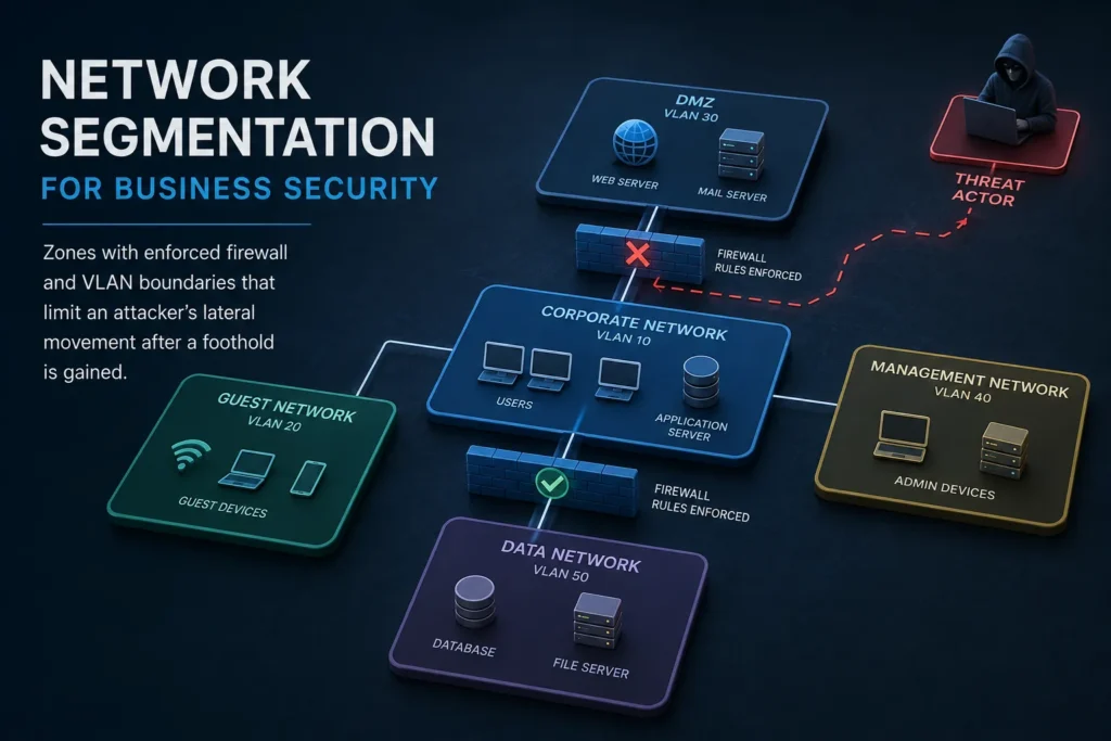 Network segmentation for business security: zones with enforced firewall and VLAN boundaries that limit an attacker's lateral movement after a foothold is gained