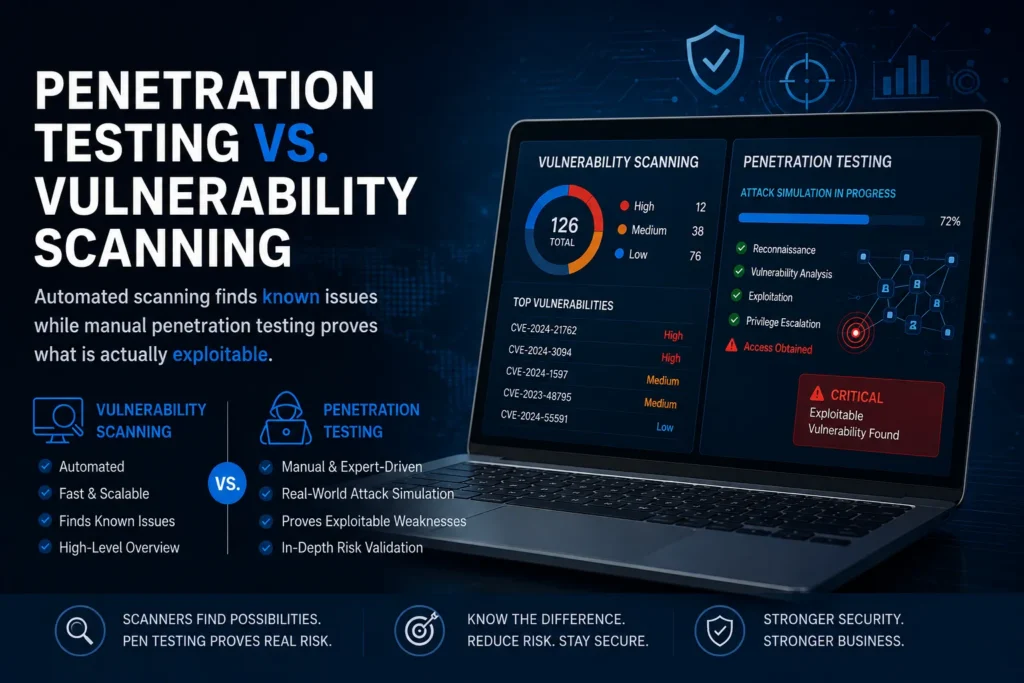 Penetration testing vs vulnerability scanning: automated scanning finds known issues while manual penetration testing proves what is actually exploitable