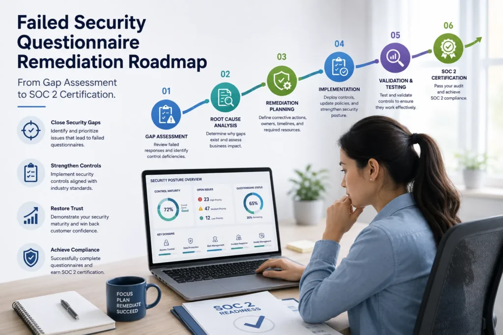 Failed security questionnaire remediation roadmap from gap assessment to SOC 2 certification.