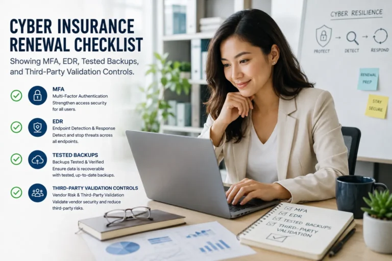 Cyber insurance renewal checklist showing MFA, EDR, tested backups, and third-party validation controls.