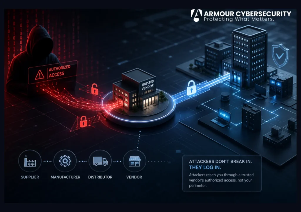 Supply chain cyber attack and vendor risk: attackers reach you through a trusted vendor's authorized access, not your perimeter.
