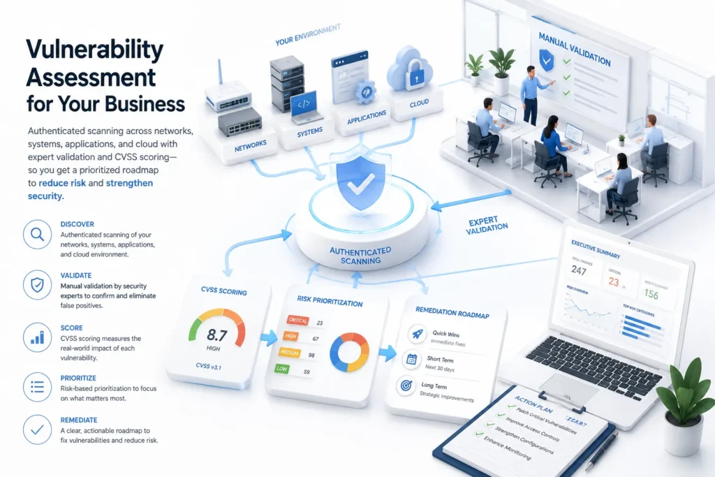 A vulnerability assessment for a business: authenticated scanning across networks, systems, applications, and cloud, with manual validation and CVSS scoring producing a prioritized remediation roadmap