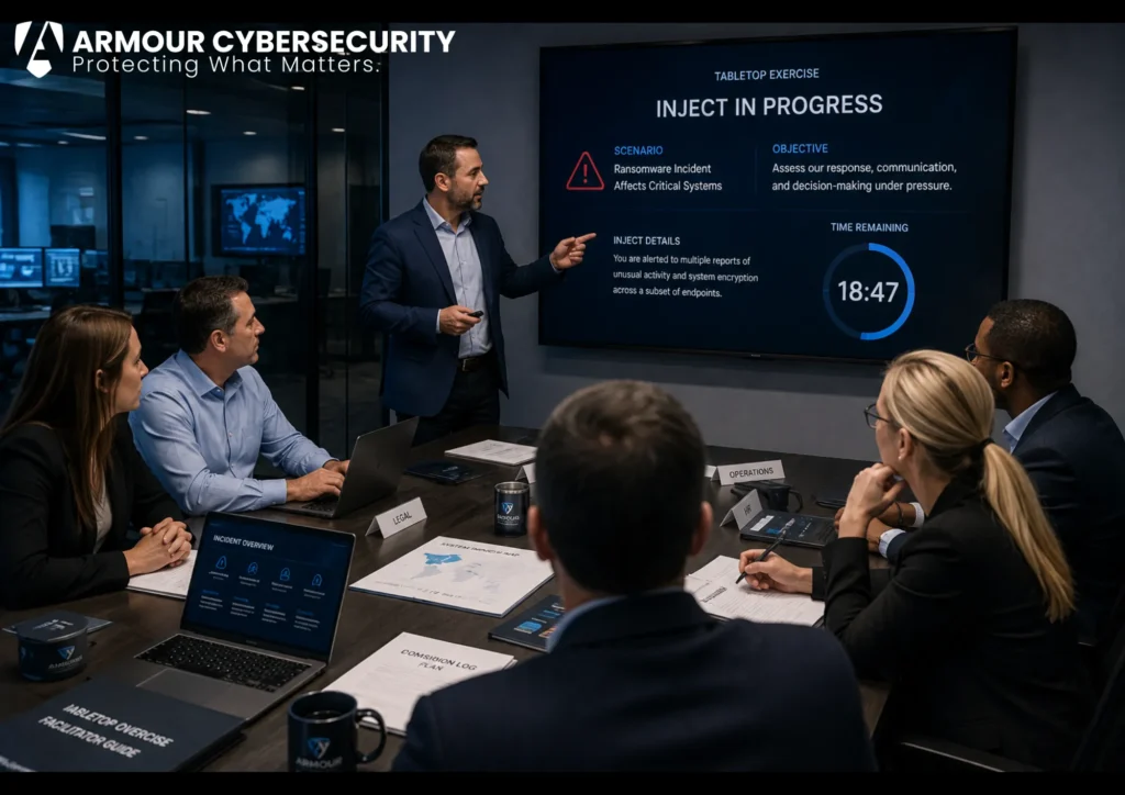 Cyber tabletop exercise for business: a leadership team working through a breach scenario in a facilitated session.
