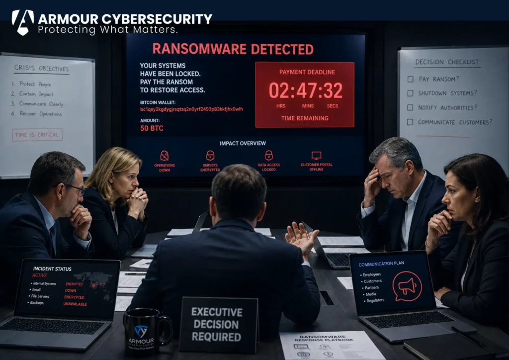 Ransomware tabletop exercise for executives: a leadership team working through ransom, shutdown, and communications decisions.