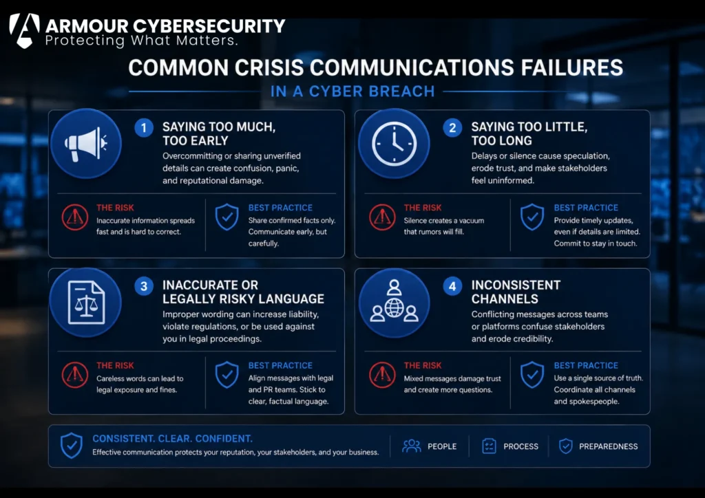 Common crisis communications failures in a cyber breach: saying too much, too little, inaccurate language, and inconsistent channels.