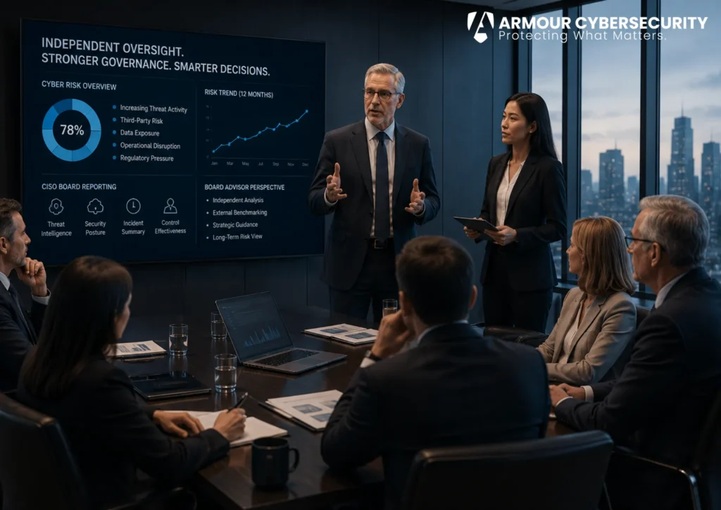 Independent cybersecurity board advisor briefing a board of directors, providing an outside view of cyber risk that does not flow through management.
