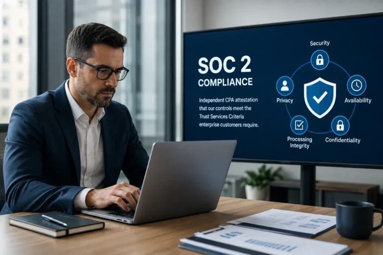 SOC 2 compliance for business: an independent CPA attestation that a service organization's controls meet the Trust Services Criteria enterprise customers require.
