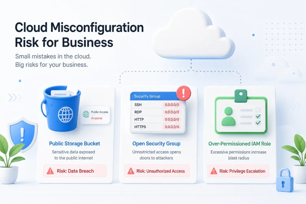 Cloud misconfiguration risk for business: a public storage bucket, an open security group, and an over-permissioned IAM role