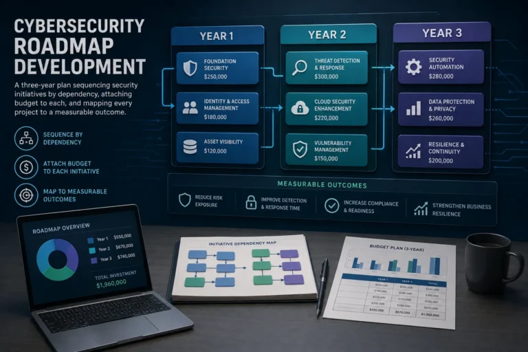 Cybersecurity roadmap development: a three-year plan sequencing security initiatives by dependency, attaching budget to each, and mapping every project to a measurable outcome.