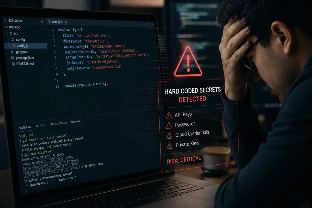 Hardcoded secrets in software development: API keys, passwords, and cloud credentials committed to source code, an active security vulnerability the moment they are pushed.