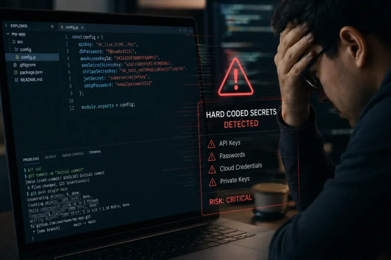 Hardcoded secrets in software development: API keys, passwords, and cloud credentials committed to source code, an active security vulnerability the moment they are pushed.