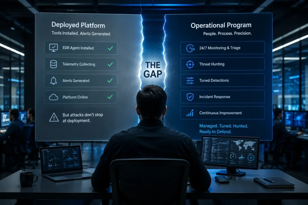 EDR deployment and managed endpoint security: the gap between a deployed platform and an operational program tuned, hunted, and staffed to actually defend.