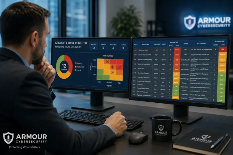 Security risk register for business: material risks scored for likelihood and impact, with owners, controls, and residual risk