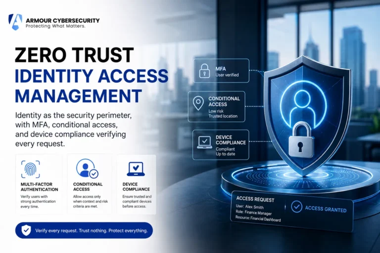 Zero trust identity access management business: identity as the security perimeter, with MFA, conditional access, and device compliance verifying every request