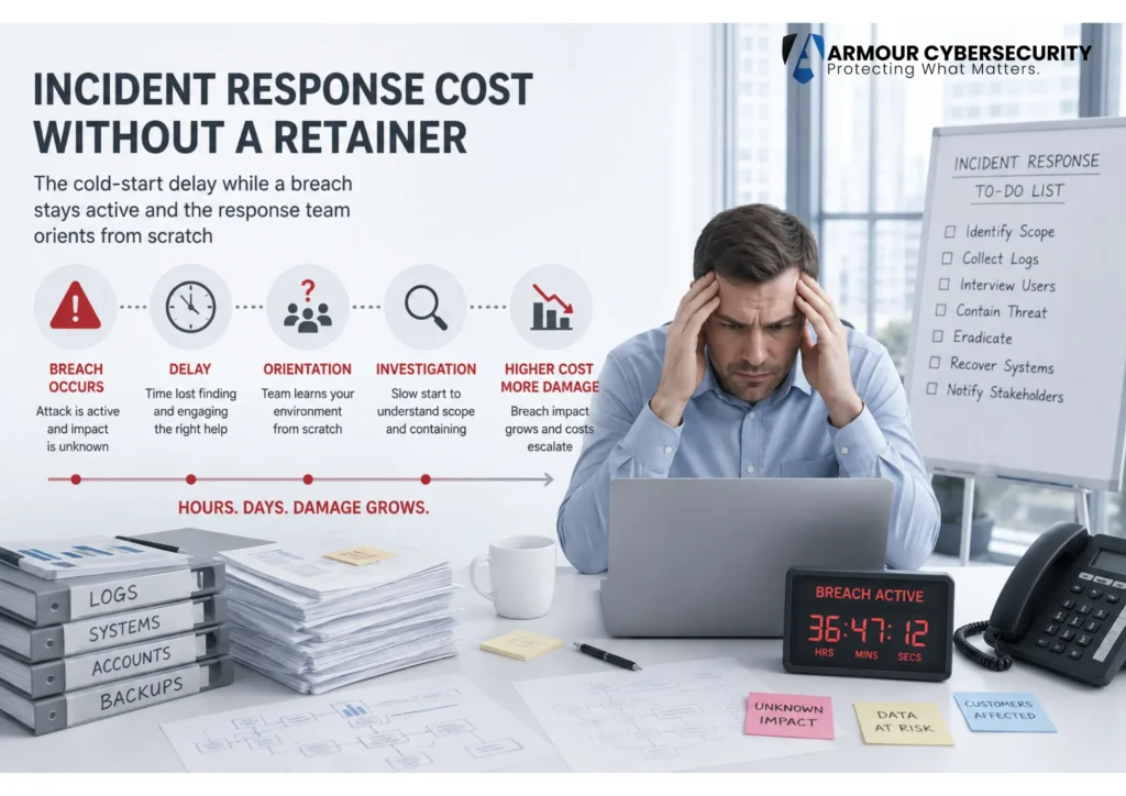 Incident response cost without a retainer: the cold-start delay while a breach stays active and the response team orients from scratch