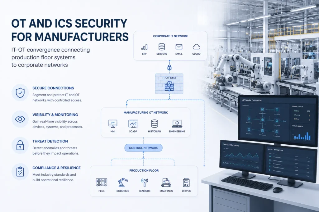 OT and ICS security for manufacturers: IT-OT convergence connecting production floor systems to corporate networks