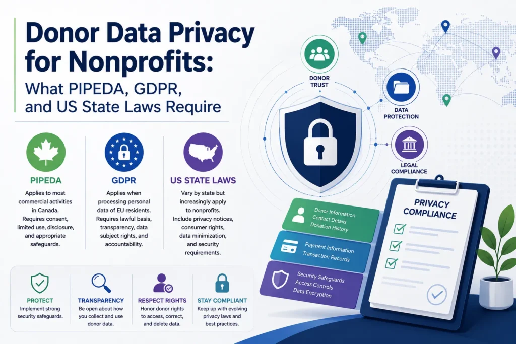 Nonprofit donor data privacy across PIPEDA, Quebec Law 25, GDPR, and US state laws