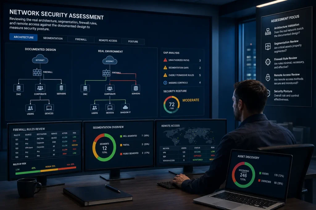 A network security assessment for a business: reviewing the real architecture, segmentation, firewall rules, and remote access against the documented design to measure security posture