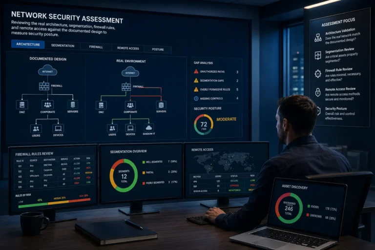 A network security assessment for a business: reviewing the real architecture, segmentation, firewall rules, and remote access against the documented design to measure security posture