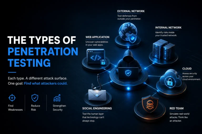 The types of penetration testing: external network, internal network, web application, cloud, social engineering, and red team, each covering a different attack surface