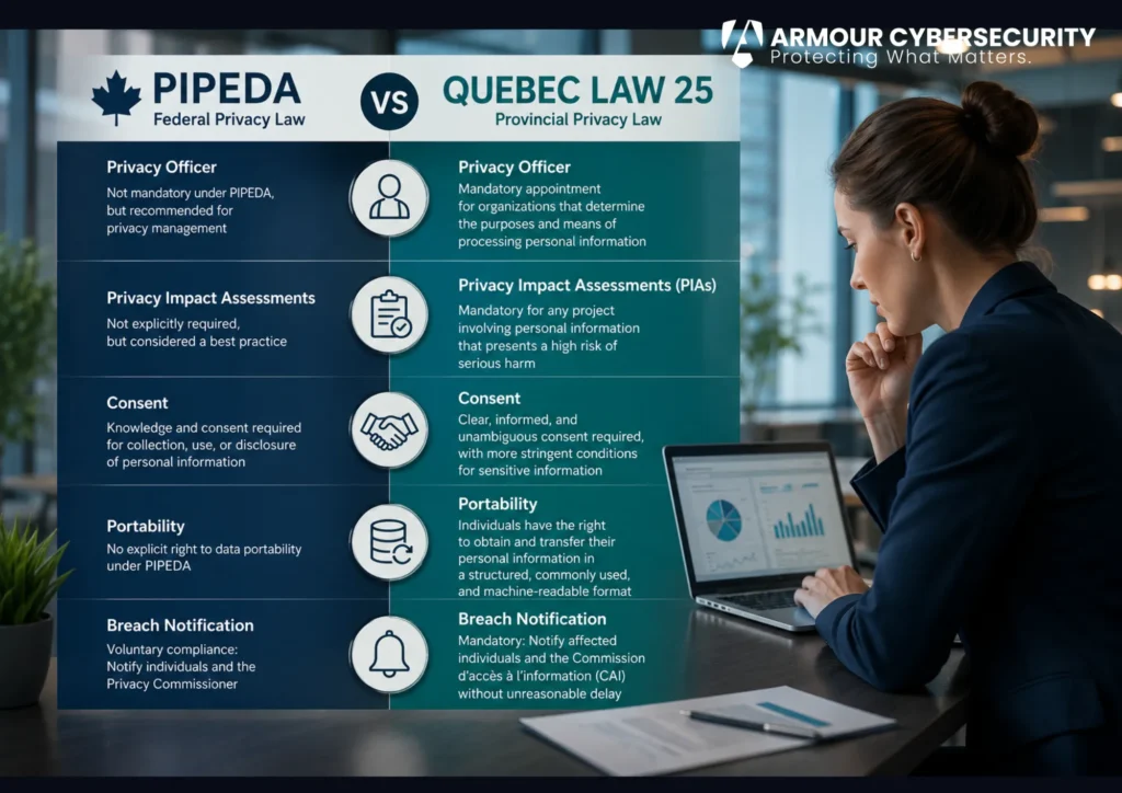 PIPEDA compliance requirements vs Quebec Law 25 obligations: privacy officer, PIAs, consent, portability, and breach notification
