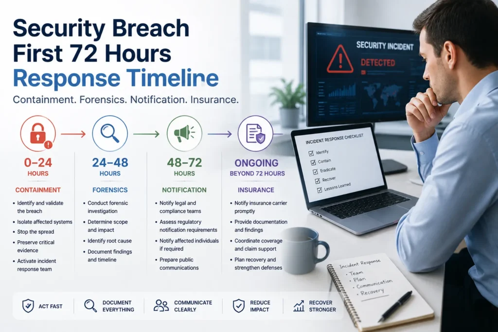 Security breach first 72 hours response timeline: containment, forensics, notification, and insurance.