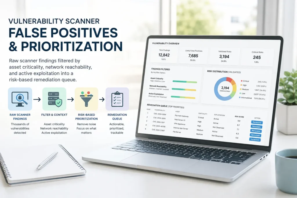 Vulnerability scanner false positives and prioritization: raw scanner findings filtered by asset criticality, network reachability, and active exploitation into a risk-based remediation queue