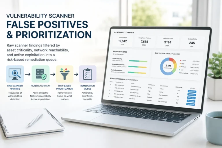 Vulnerability scanner false positives and prioritization: raw scanner findings filtered by asset criticality, network reachability, and active exploitation into a risk-based remediation queue