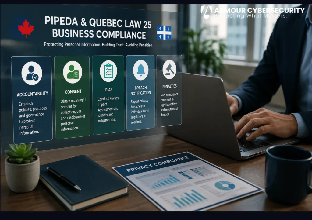 PIPEDA and Quebec Law 25 business compliance: accountability, consent, PIAs, breach notification, and penalties for Canadian businesses