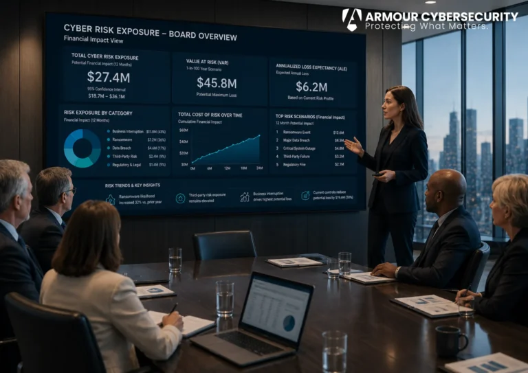 Cyber risk quantification for board reporting: a board-level dashboard showing cyber exposure in dollar terms rather than technical metrics.