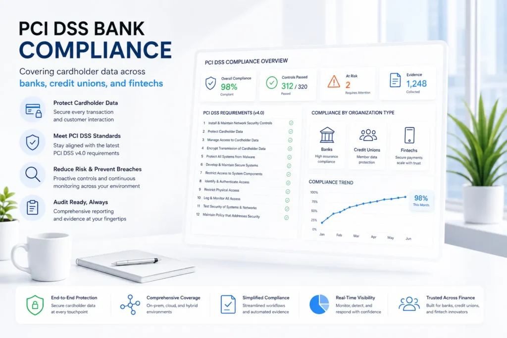 PCI DSS bank compliance covering cardholder data across banks, credit unions, and fintechs