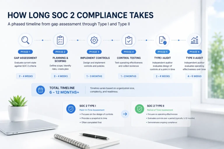 "How long SOC 2 compliance takes: a phased timeline from gap assessment through Type I and Type II"