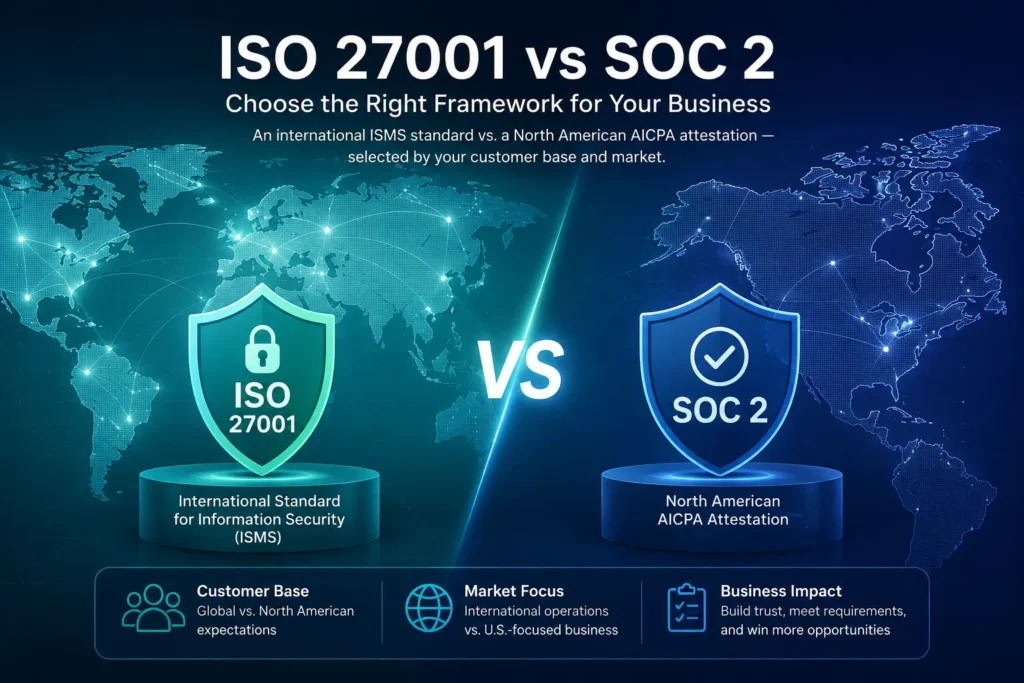 ISO 27001 vs SOC 2 for business: an international ISMS standard versus a North American AICPA attestation, chosen by customer base and market.