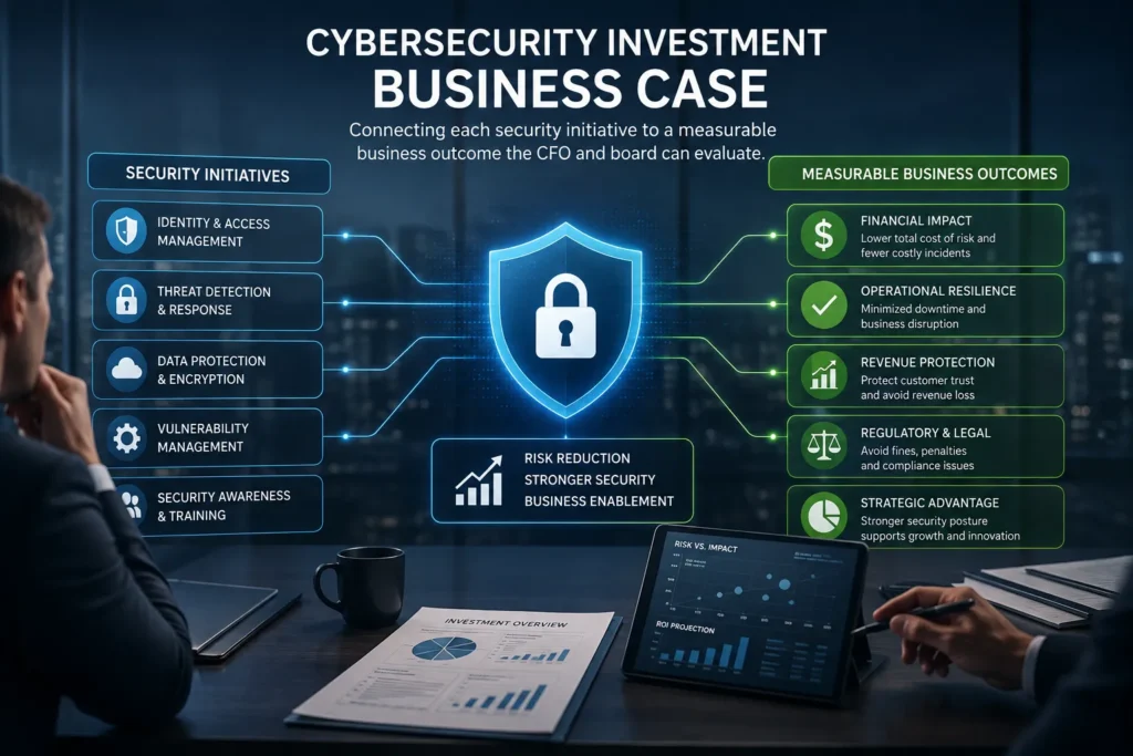 Cybersecurity investment business case: connecting each security initiative to a measurable business outcome the CFO and board can evaluate.