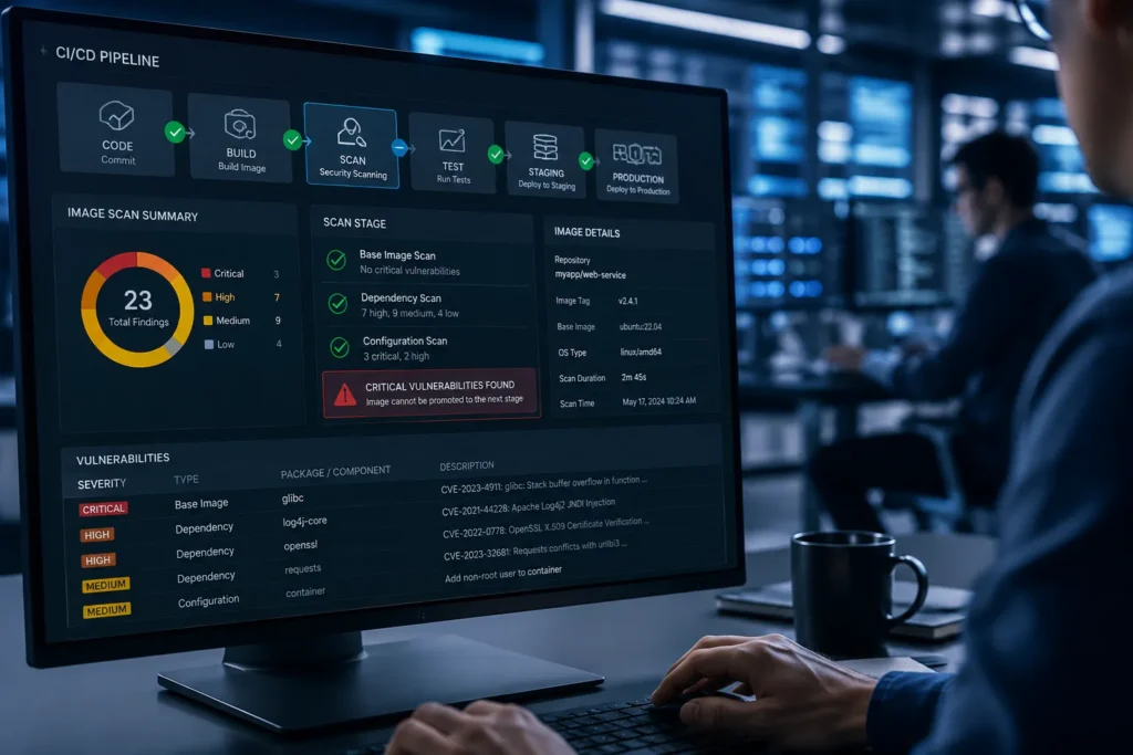 Container security in the CI/CD pipeline: scanning images for base-image, dependency, and configuration vulnerabilities before they are promoted to production.