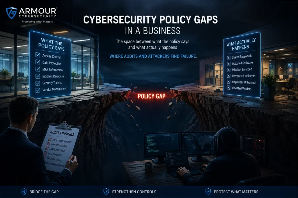 Cybersecurity policy gaps in a business: the space between what the policy says and what actually happens, where audits and attackers find failure
